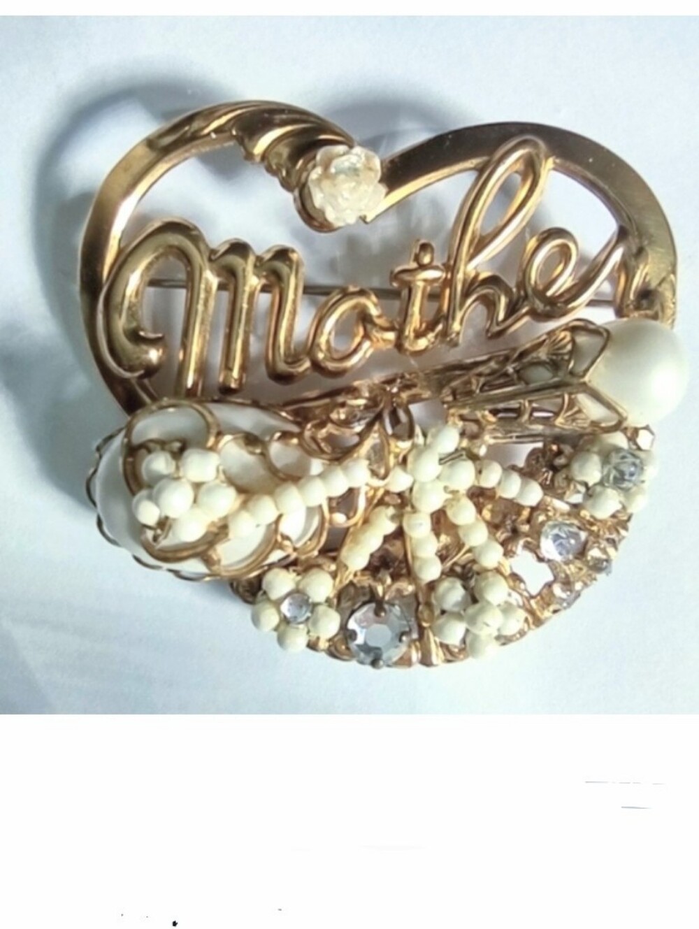Vintage "Mother" Script Goldtone & Cream Brooch Modified Design
